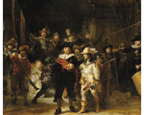 Gemälde der Nachtwache von Rembrandt van Rijn mit einer Gruppe bewaffneter Männer