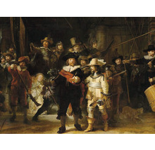 Das Gemälde „Die Nachtwache“ von Rembrandt zeigt eine Gruppe bewaffneter Bürger in historischer Kleidung.
