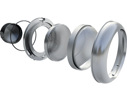 Explosionsansicht eines runden, silberfarbenen LED-Einbaustrahlerrahmens