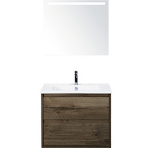 Badmöbel-Set Sanox Porto BxHxT 71 x 170 x 51 cm Frontfarbe tabacco mit Waschtisch Keramik weiß und Keramik-Waschtisch Spiegel mit LED-Beleuchtung Waschtischunterschrank