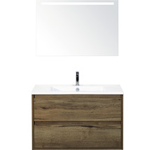 Badmöbel-Set Sanox Porto BxHxT 91 x 170 x 51 cm Frontfarbe tabacco mit Waschtisch Keramik weiß und Keramik-Waschtisch Spiegel mit LED-Beleuchtung Waschtischunterschrank