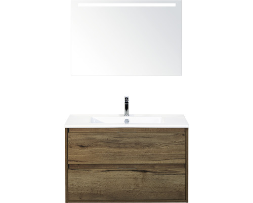Badmöbel-Set Sanox Porto BxHxT 91 x 170 x 51 cm Frontfarbe tabacco mit Waschtisch Keramik weiß und Keramik-Waschtisch Spiegel mit LED-Beleuchtung Waschtischunterschrank Waschtischkombination mit Waschbecken, Unterschrank mit zwei Schubladen und beleuchtetem Spiegel