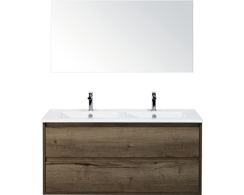 Badmöbelset 3-teilig Doppelbadmöbel Sanox Porto BxHxT 121 x 170 x 51 cm Frontfarbe tabacco mit Waschtisch Keramik weiß und Keramik-Doppelwaschtisch Spiegel Waschtischunterschrank Griff chrom matt 84730039 Doppelwaschtisch mit Spiegel für das Badezimmer