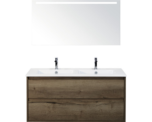 Badmöbelset 3-teilig Doppelbadmöbel Sanox Porto BxHxT 121 x 170 x 51 cm Frontfarbe tabacco mit Waschtisch Keramik weiß und Keramik-Doppelwaschtisch Spiegel mit LED-Beleuchtung Waschtischunterschrank Griff chrom matt 84730139 Waschtisch mit zwei Waschbecken, Unterschrank und Spiegel mit Beleuchtung für das Badezimmer