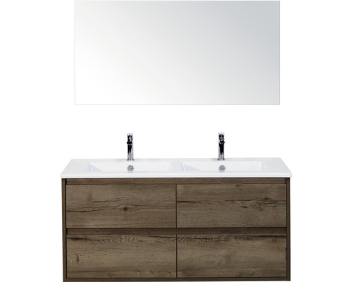Badmöbelset 3-teilig Doppelbadmöbel Sanox Porto BxHxT 121 x 170 x 51 cm Frontfarbe tabacco weiß und Keramik-Doppelwaschtisch Spiegel Waschtischunterschrank Griff chrom matt 84731239 Waschtisch mit zwei Waschbecken, Unterschrank und Spiegel