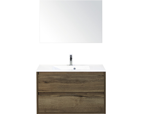 Badmöbel-Set Sanox Porto BxHxT 90,5 x 170 x 50,5 cm Frontfarbe tabacco mit Waschtisch Mineralguss weiß und Mineralguss-Waschtisch Spiegel Waschtischunterschrank
