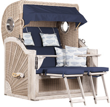Strandkorb aus Rattan mit blauem Stoffdach, Polsterung und Fußstützen