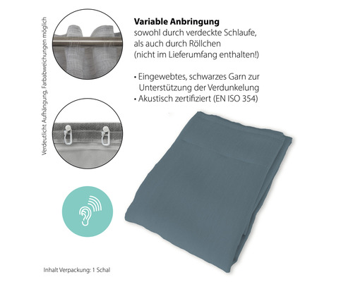 Vorhangschal mit flexibler Anbringung und akustischer Zertifizierung nach EN ISO 354