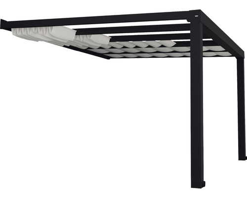 Schwarze Pergola mit verschiebbarer Stoffbahn für den Garten