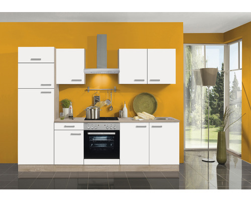 Optifit Küchenzeile mit Geräten Zamora214 270 cm Frontfarbe weiß matt Korpusfarbe eiche hell zerlegt