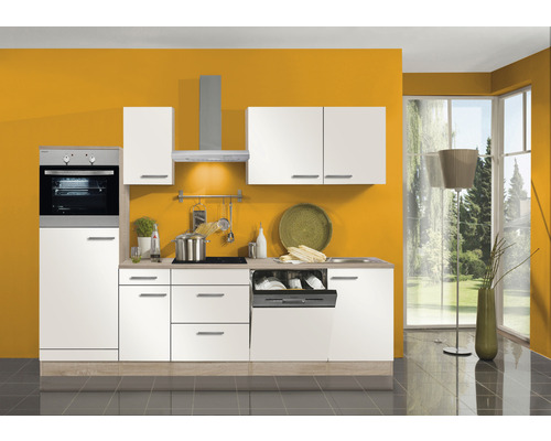 Optifit Küchenzeile mit Geräten Dakar286 270 cm Frontfarbe weiß glänzend Korpusfarbe eiche hell zerlegt