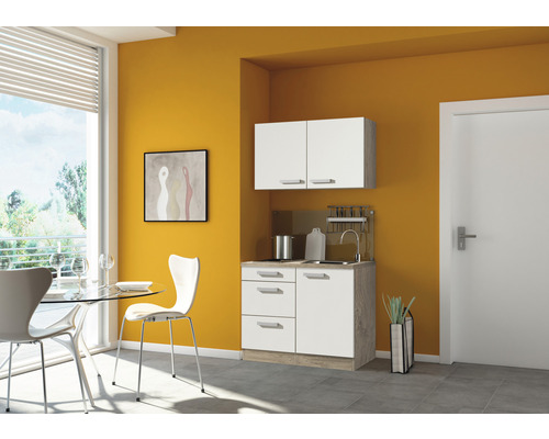 Optifit Miniküche mit Geräten Zamora214 100 cm Frontfarbe weiß matt Korpusfarbe eiche hell zerlegt