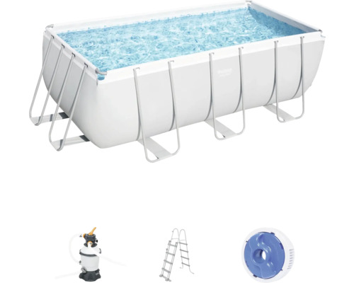 Rechteckiger Framepool mit Stahlrahmen, Sandfilteranlage, Poolleiter und Anschluss