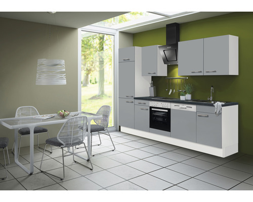 Optifit Küchenzeile mit Geräten Ronja825 280 cm Frontfarbe basaltgrau matt Korpusfarbe weiß zerlegt