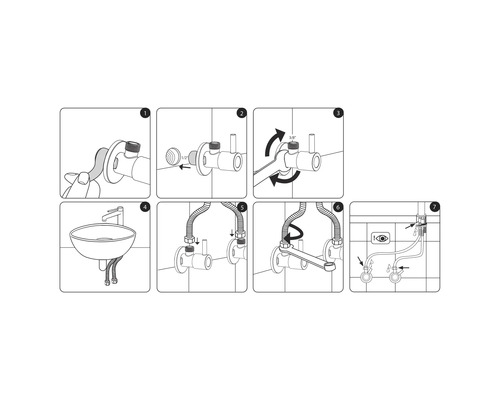 Installationsanleitung für ein Waschbecken mit Eckventilen und flexiblen Anschlussschläuchen