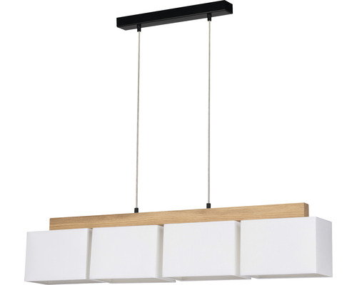 Pendelleuchte 4-flammig HxL 140x96 cm eiche/geölt/schwarz Lampenschirm weiß Hängelampe mit vier Schirmen und Holzelement