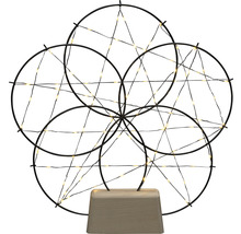 Dekorative Lichtskulptur mit fünf Kreisen und LED-Lichtern auf einem Holzsockel