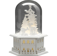 Dekorative Schneekugel mit Haus, Tannenbäumen und Tierfiguren für eine stimmungsvolle Weihnachtsdekoration