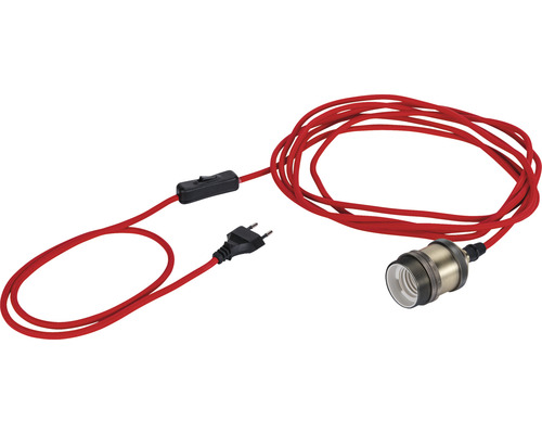 Pendelleuchte mit rotem Textilkabel, Schalter und Stecker