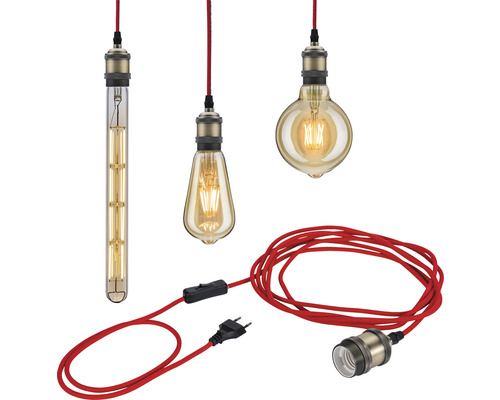 Pendelleuchte rot/brüniert L 5 m steckerfertiges Vintage-Pendel mit Kabelschalter Lampen Set mit drei Glühbirnen und rotem Kabel