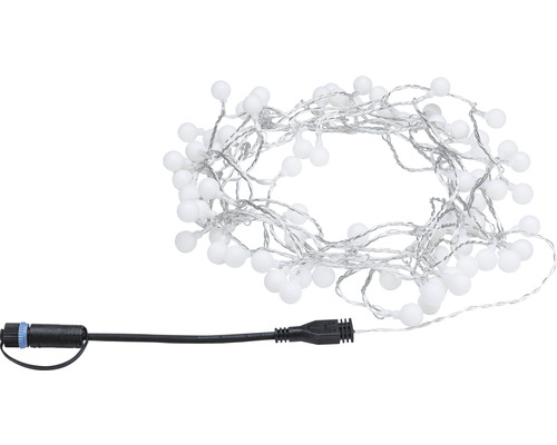 Lichterkette mit weißen Kugeln und schwarzem Kabel
