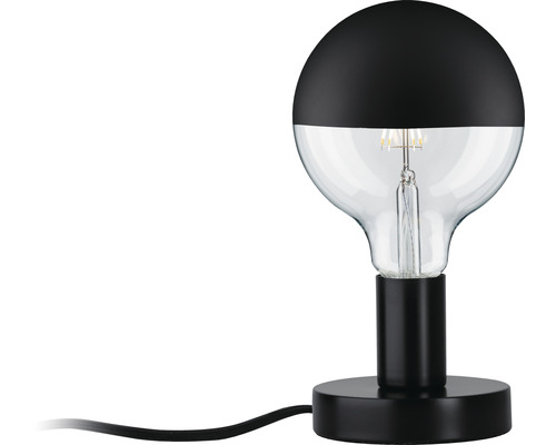 Tischleuchte mit schwarzem Lampenschirm und klarem Glaskörper