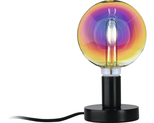 Tischleuchte mit runder, schillernder Glühbirne und schwarzem Sockel