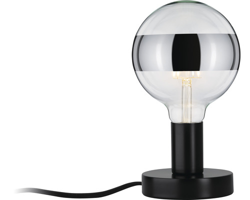 Tischleuchte mit klarem Glaskolben und schwarzem Sockel