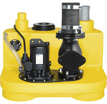 Abwasserhebeanlage mit Pumpe in gelbem Gehäuse