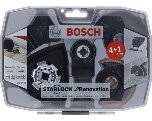 Bosch Starlock Renovierungs-Set mit verschiedenen Sägeblättern und Schleifscheiben in transparenter Verpackung