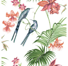 Muster mit Vögeln, Orchideen und Palmenblättern