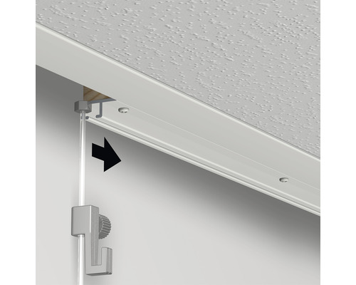 Detailaufnahme einer Galerieschiene mit Aufhängevorrichtung zur Wandbefestigung