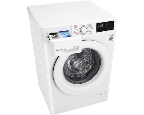 Weiße LG Waschmaschine mit geöffneter Waschmittelschublade