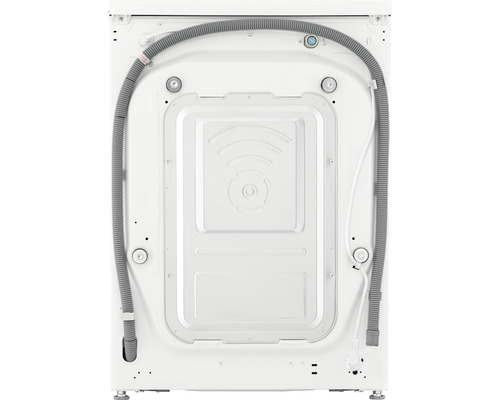 Rückansicht einer Waschmaschine mit Anschlüssen für Wasser und Strom