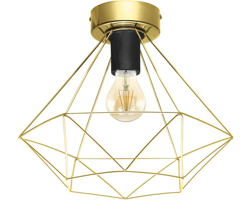 Deckenleuchte mit geometrischem, goldenem Drahtgestell und Glühbirne