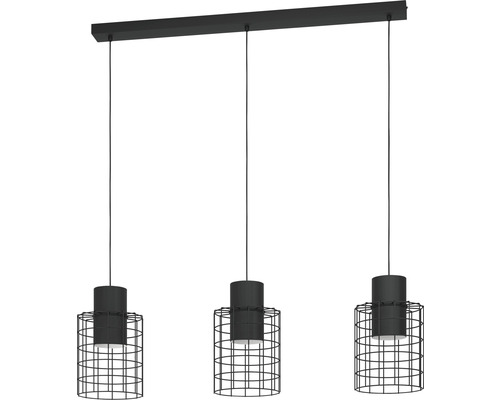 Pendelleuchte 3-flammig HxL 110x103 cm schwarz Zylinder außen schwarz innen weiß Dreiflammige Pendelleuchte mit Lampenschirmen in Käfigoptik