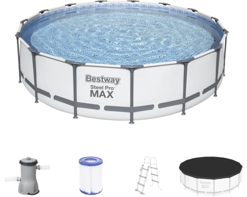 Bestway Stahlrahmenpool Set mit Poolleiter, Filterpumpe, Filterkartusche und Poolabdeckung