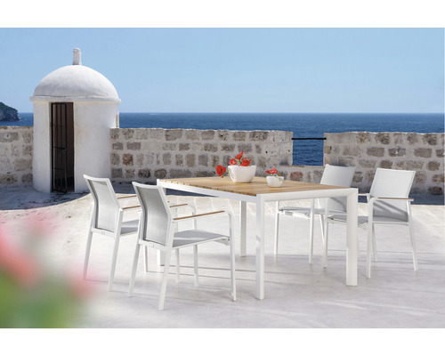 Dining-Set Paros 4 -Sitzer bestehend aus: 4 Sessel, Tisch 160 x 90 cm Holz Aluminium weiß stapelbar