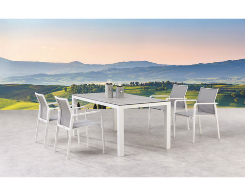 Dining-Set Rhodos Houston 4 -Sitzer bestehend aus: 4 Sessel, Tisch 160 x 90 cm Aluminium weiß stapelbar witterungsbeständig