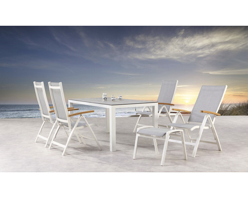 Dining-Set Cavalese Houston 4 -Sitzer bestehend aus: 4 Sessel, Hocker, Tisch 160 x 90 cm Holz Aluminium weiß stapelbar witterungsbeständig