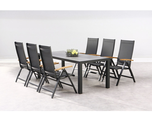 Dining-Set Cavalese Houston 6 -Sitzer bestehend aus: 6 Sessel, Tisch 160 x 90 cm Holz Aluminium anthrazit stapelbar witterungsbeständig