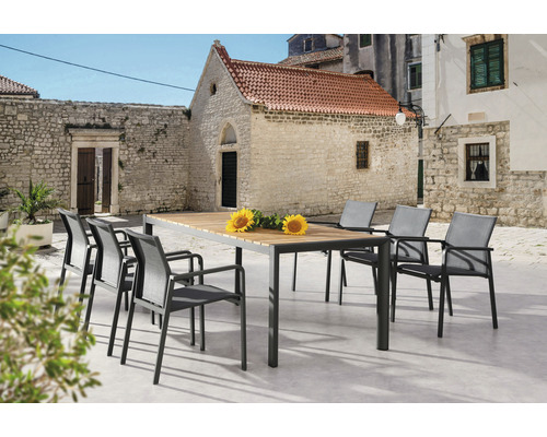 Dining-Set Rhodos Paros 6 -Sitzer bestehend aus: 6 Sessel, Tisch 210 x 90 cm Holz Aluminium anthrazit stapelbar