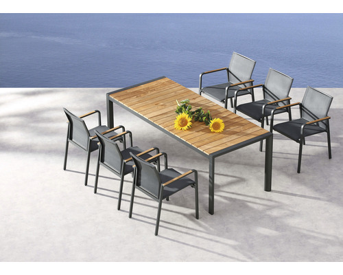 Dining-Set Paros 6 -Sitzer bestehend aus: 6 Sessel, Tisch 210 x 90 cm Holz Aluminium anthrazit stapelbar