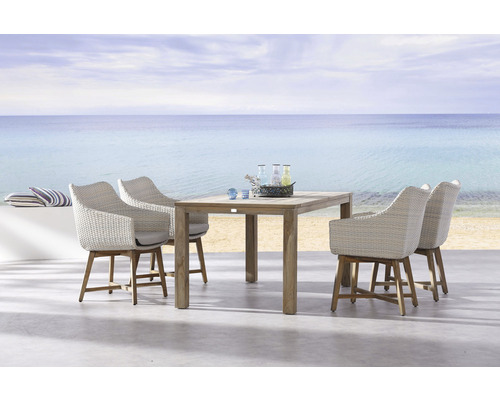 Dining-Set Paterna Moretti 4 -Sitzer bestehend aus: 4 Stühle, Tisch 160x90cmHolz Polyrattan creme Polsterauflagen witterungsbeständig
