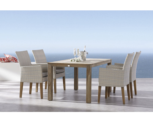 Dining-Set Alicante Moretti 4 -Sitzer bestehend aus: 4 Korbsessel, Tisch 160 x 90cm Holz Polyrattan creme Sitzpolster witterungsbeständig