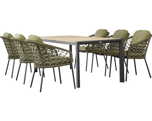 Dining-Set Mali Paros 6 -Sitzer bestehend aus: 4 Stühle, Tisch 210 x 90 cm Holz Aluminium anthrazit Polsterauflagen