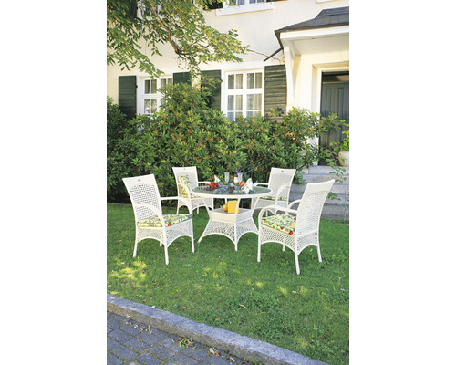 Dining-Set Madelene 4 -Sitzer bestehend aus: 4 Korbsessel, Tisch Ø 10 cm H 73 cm Aluminium Polyrattan weiß Polsterauflagen stapelbar