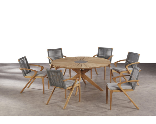 Dining-Set Agadir 6 -Sitzer bestehend aus: 6 Stühle, Tisch Ø 150 H 74 cm Aluminium Polyrattan holz Sitzkissen