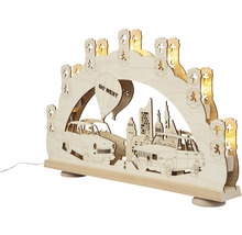 Schwibbogen aus Holz mit Trabant, Wartburg, Ballon und Stadtsilhouette