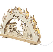 Holzschattenbogen mit Feuerwehrmotiv und Beleuchtung